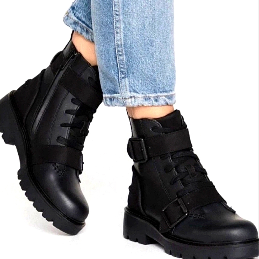 UGG Noe Black Leather Lace Up Grunge Combat Boots Size 7 NWOB
